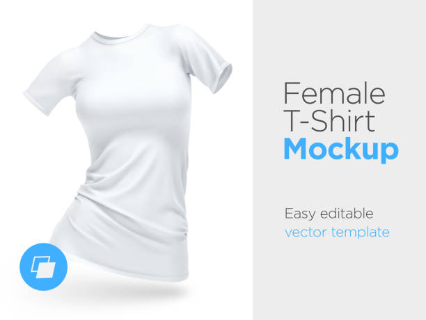 현실적인 템플릿 빈 백인 여자 t-셔츠 면화 의류입니다. 최대 모의 빈 - t shirt template shirt clothing stock illustrations