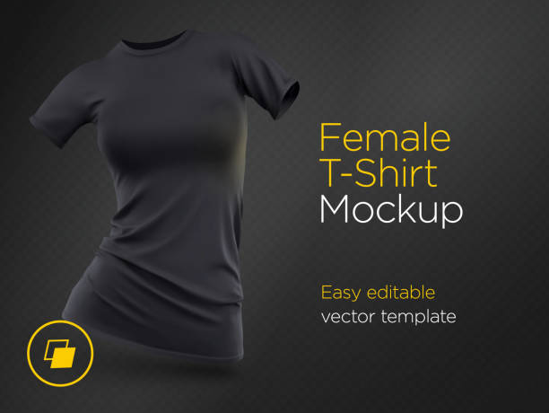 현실적인 템플릿 빈 흑인 여성 t-셔츠 면화 의류입니다. 최대 모의 빈 - t shirt template shirt clothing stock illustrations