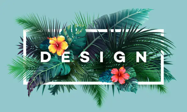 Vector illustration of Bright tropical background with jungle plants. Exotic pattern with palm leaves