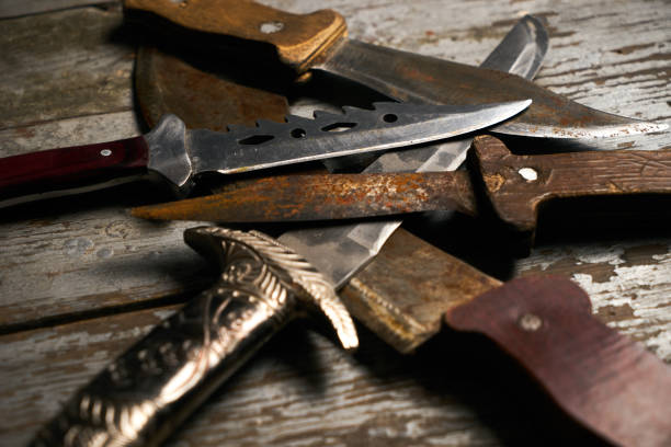 istock Set of old hunting handmade knives 913552806