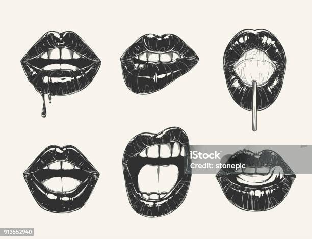 Womans Lip Gestures Set Black And White Girls Mouths Close Up Different Emotions Stock Illustration - Download Image Now