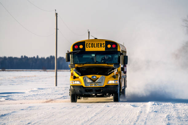 School bus in a row in Quebec In a rural campaign in Quebec, a school bus passes through the municipality of St-Barnabé-Sud in Montérégie. The road is snowy and the day ends with a colorful sunset. The driver is very attentive to his driving. The school bus is identified in French. The blue bird logo on the front of the vehicle. St. Barnabas South, Quebec, Canada. montérégie photos stock pictures, royalty-free photos & images