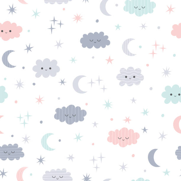 ładny bezszwowy wzór dla dzieci. piękne tło dla dzieci z księżycem, gwiazdami i chmurami - snow texture stock illustrations