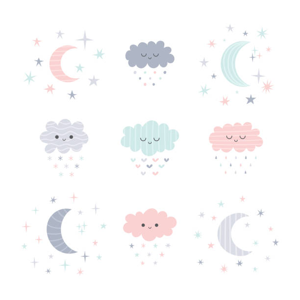 illustrazioni stock, clip art, cartoni animati e icone di tendenza di graziose nuvole sorridenti disegnate a mano e luna con stelle. tema meteo divertente - dreams child sleeping little girls