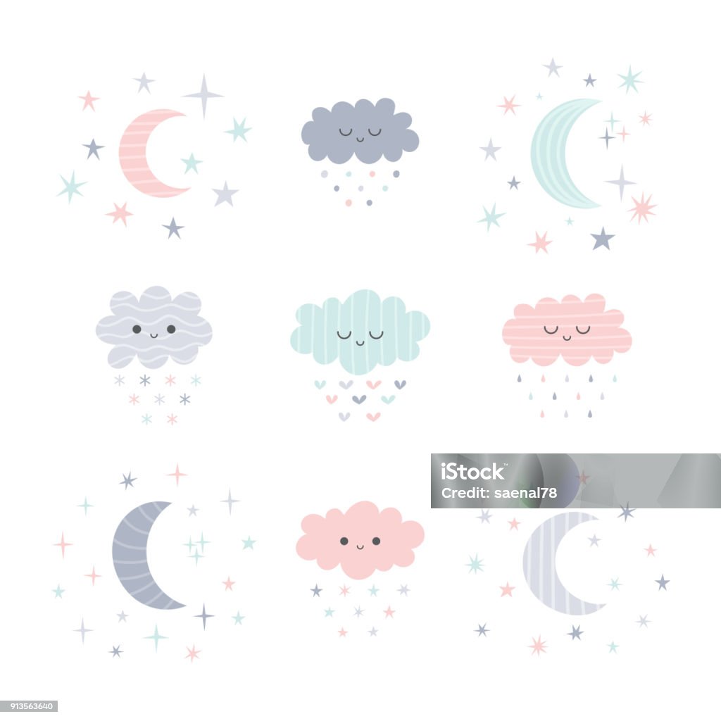 Cute hand drawn smiling clouds and moon with stars. Funny weather theme Cute hand drawn smiling clouds and moon with stars. Funny weather theme. Vector illustration Baby - Human Age stock vector