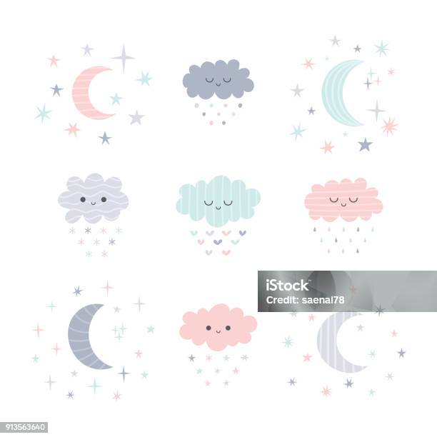 Cute Hand Drawn Smiling Clouds And Moon With Stars Funny Weather Theme Stock Illustration - Download Image Now