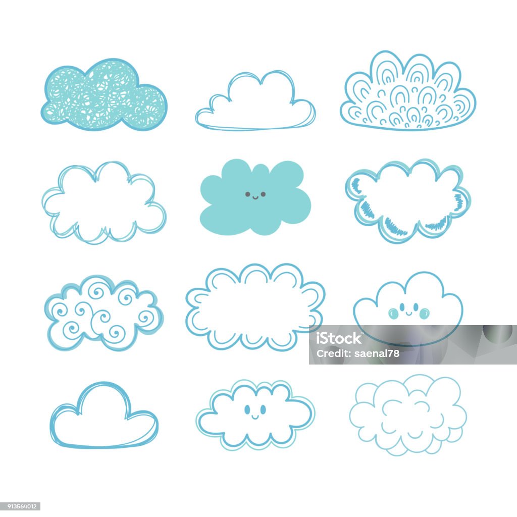Bosquejo del cielo. Doodle colección de nubes dibujado a mano - arte vectorial de Nube libre de derechos