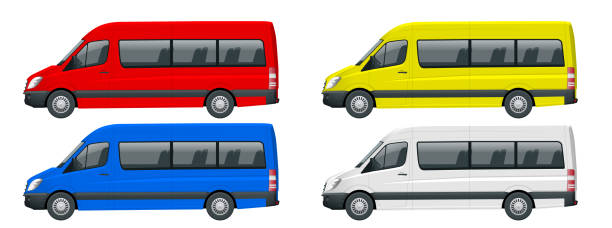 Realistic set of Van template Isolated passenger minibus for corporate identity and advertising. View from side. Realistic set of Van template Isolated passenger minibus for corporate identity and advertising. View from side. Vector illustration small bus stock illustrations