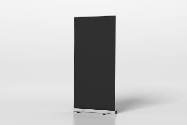 Blank black roll up banner stand Blank black roll up banner stands isolated on white. 3d illustration hoisting stock pictures, royalty-free photos & images