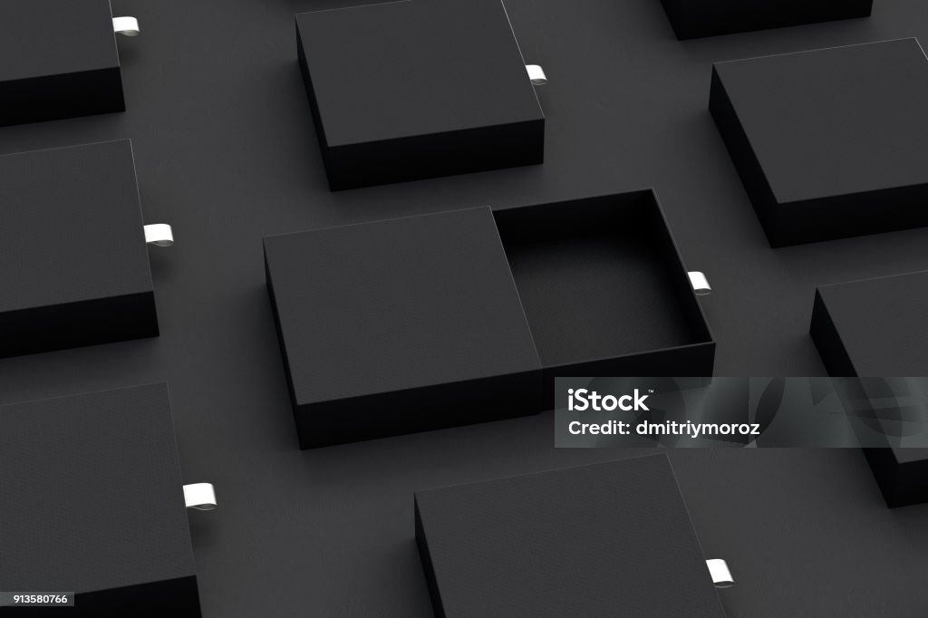 Empty sliding drawer boxes Empty black opened sliding box and blank closed sliding drawer boxes set on black background. 3d illustration. Black Color Stock Photo