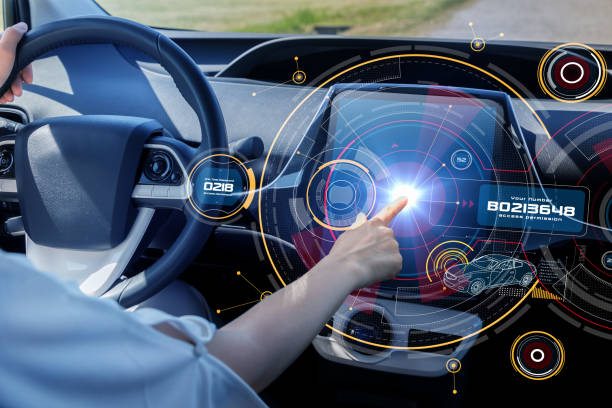 istock Futuristic car cockpit and touch screen. Autonomous car. Driverless vehicle. HUD(Head up display). GUI(Graphical User Interface). IoT(Internet of Things). 913581090