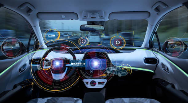 Futuristic car cockpit. Autonomous car. Driverless vehicle. HUD(Head up display). GUI(Graphical User Interface). IoT(Internet of Things). Futuristic car cockpit. Autonomous car. Driverless vehicle. HUD(Head up display). GUI(Graphical User Interface). IoT(Internet of Things). driverless transport stock pictures, royalty-free photos & images