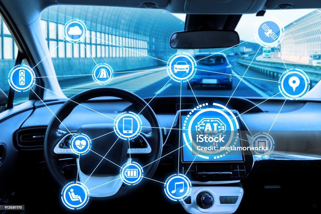 Cockpit of autonomous car and AI(Artificial Intelligence). Driverless car. Self driving vehicle. UGV. Car Stock Photo