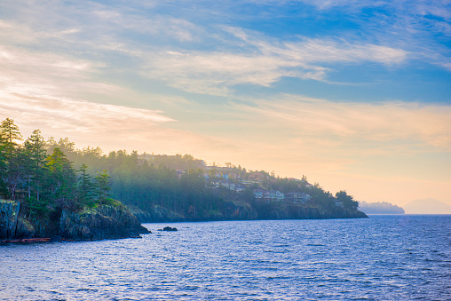View of the ocean from Neck Point park in Nanaimo at sunset, Vancouver Island, Canada