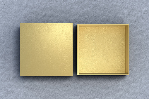 Two gold square boxes opened and closed on gray background. 3d illustration