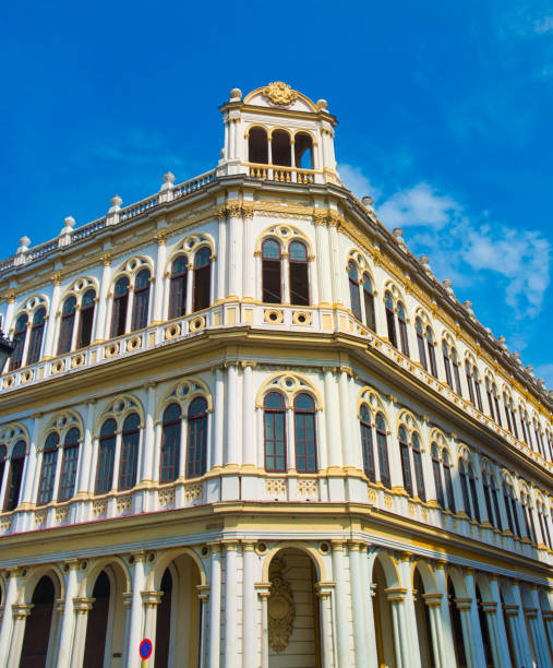 istock Old Havana building facade with colonial architecture against blue sky 913582856