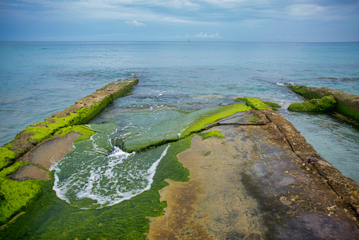 Shoreline with mossy rocks in East Havana beach, Cuba in a cloudy day