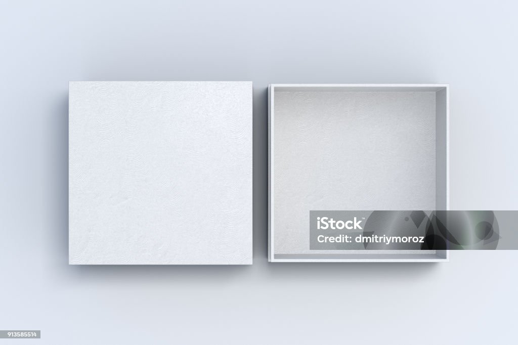 Two square boxes opened and closed Two white square boxes opened and closed on white background. 3d illustration Box - Container Stock Photo