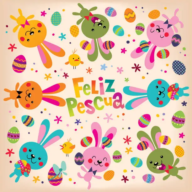 Vector illustration of Feliz Pascua Happy Easter in Spanish