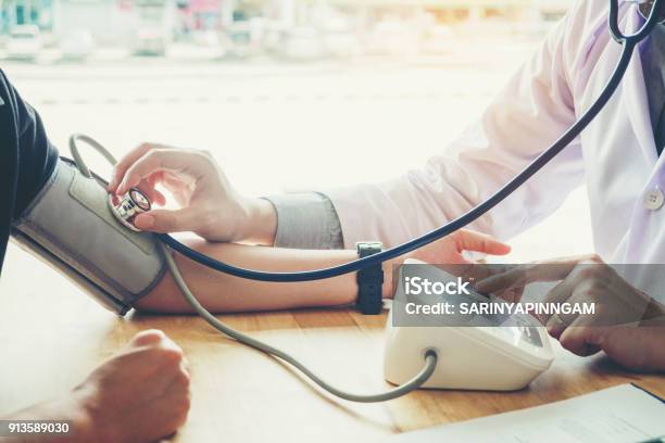 Doctor Measuring Arterial Blood Pressure Woman Patient On Right Arm Health Care In Hospital Stock Photo - Download Image Now