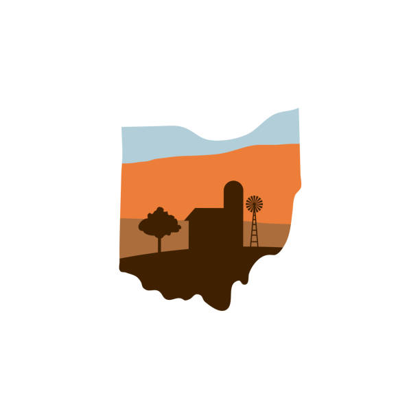 Ohio State Shape with Farm at Sunset w Windmill, Barn, and a Tree Ohio State Shape w Farm at Sunset with Windmill, Barn, and a Tree ohio symbols stock illustrations