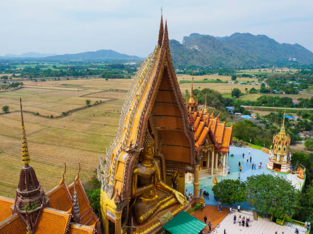 巨大な仏像にフィールドと背景の山 - tiger cave temple kanchanaburi province ストックフォトと画像