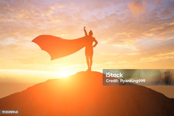 Super Business Woman On Mountain Stock Photo - Download Image Now - Women, Superhero, Success