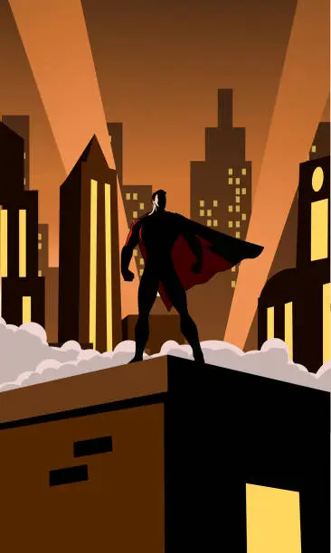 Vector illustration of Vector Superhero Silhouette in The City