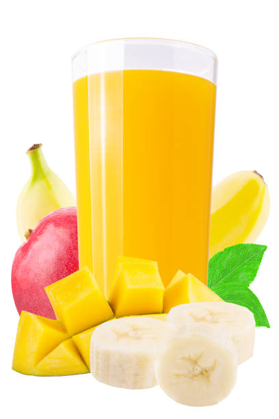 istock Fresh mango and banana juices on white 913609310