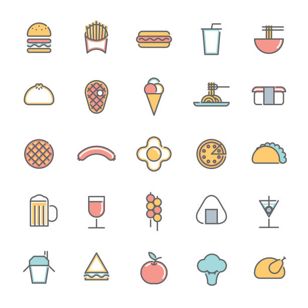 bunte food & getränk minimalistische linie-icon-set - kartoffelknödel essen stock-grafiken, -clipart, -cartoons und -symbole