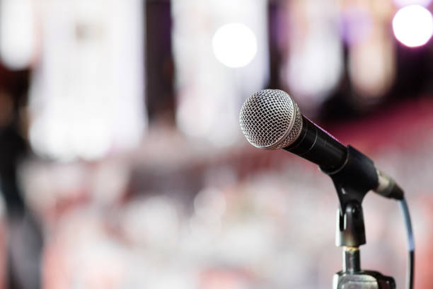 istock Microphone close-up. Focus on mic. Abstract blurred conference hall or wedding banquet on background. Event concept 913616132