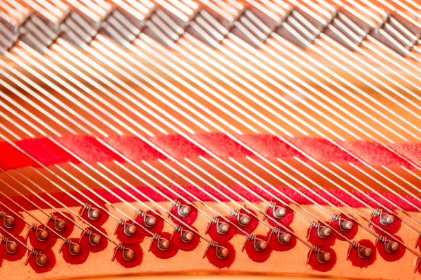 Vintage red classical grand piano. Black and white keys. Keyboard of antique key music instrument.