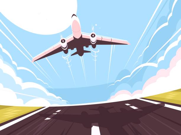 Passenger plane takes off from runway Passenger plane takes off from runway. Air transport, vector illustration airfield stock illustrations