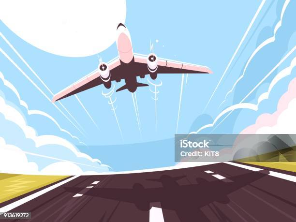 Passenger Plane Takes Off From Runway Stock Illustration - Download Image Now - Airplane, Taking Off - Activity, Flying