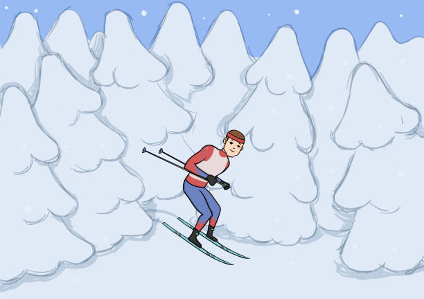 bildbanksillustrationer, clip art samt tecknat material och ikoner med cross country skidåkning, vinter sport. ung man med skidor i snön täckte skog. vektorillustration. - cross country skiing