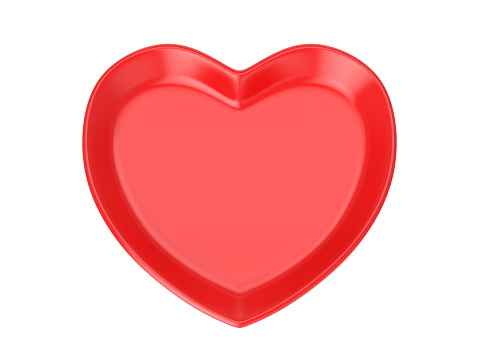 Red heart shaped plate on white background, 3D rendering