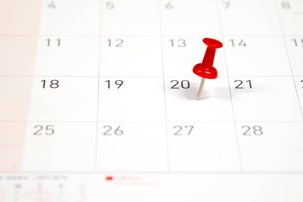 istock Embroidered red pins on a calendar on the 20th with selective focus 913623532