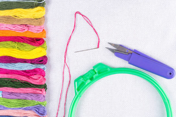 istock Colored thread for embroidery on white canvas, a needle with red thread and a Hoop. Copy spase 913625840