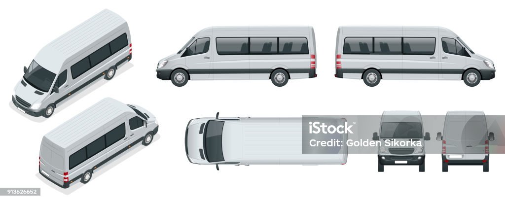 Realistic set of Van template Isolated passenger minibus for corporate identity and advertising. View from side, top, roof, rear, front, isometric. Realistic set of Van template Isolated passenger minibus for corporate identity and advertising. View from side, top, roof, rear, front, isometric. Vector illustration Van - Vehicle stock vector