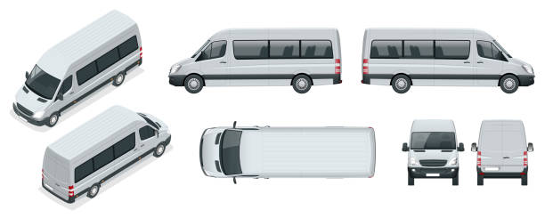 Realistic set of Van template Isolated passenger minibus for corporate identity and advertising. View from side, top, roof, rear, front, isometric. Realistic set of Van template Isolated passenger minibus for corporate identity and advertising. View from side, top, roof, rear, front, isometric. Vector illustration small bus stock illustrations