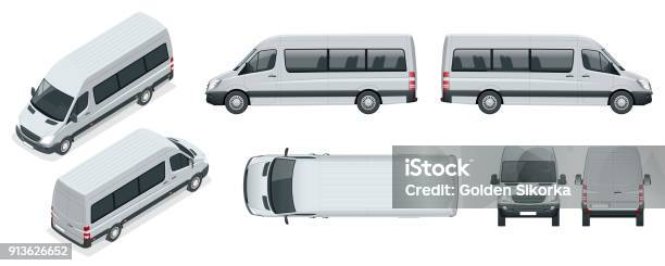 Realistic Set Of Van Template Isolated Passenger Minibus For Corporate Identity And Advertising View From Side Top Roof Rear Front Isometric Stock Illustration - Download Image Now