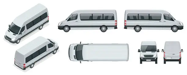 Vector illustration of Realistic set of Van template Isolated passenger minibus for corporate identity and advertising. View from side, top, roof, rear, front, isometric.