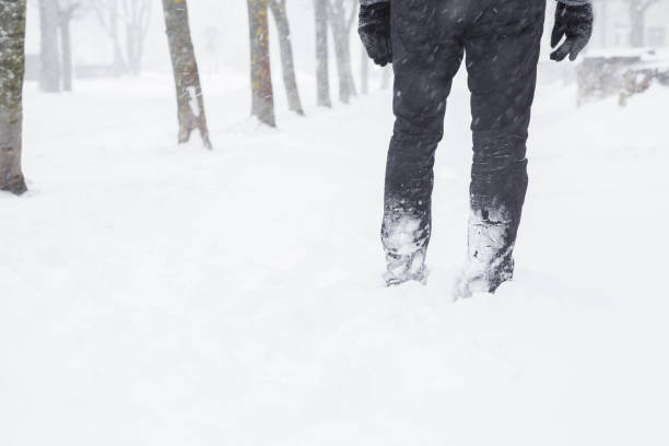istock Man in black clothes going on white, fresh snow covered sidewalk after snowfall in winter day. City people in blizzard concept. Pavement is not cleaned from snow yet. 913633592