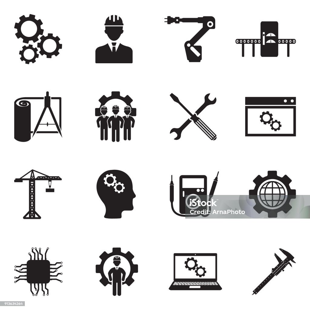 Engineering And Manufacturing Icons. Black Flat Design. Vector Illustration. Gear, Equipment, Factory, Blueprint, Computer Icon Symbol stock vector