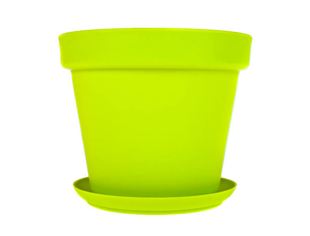 istock Green plastic flower pots on white background 913635096
