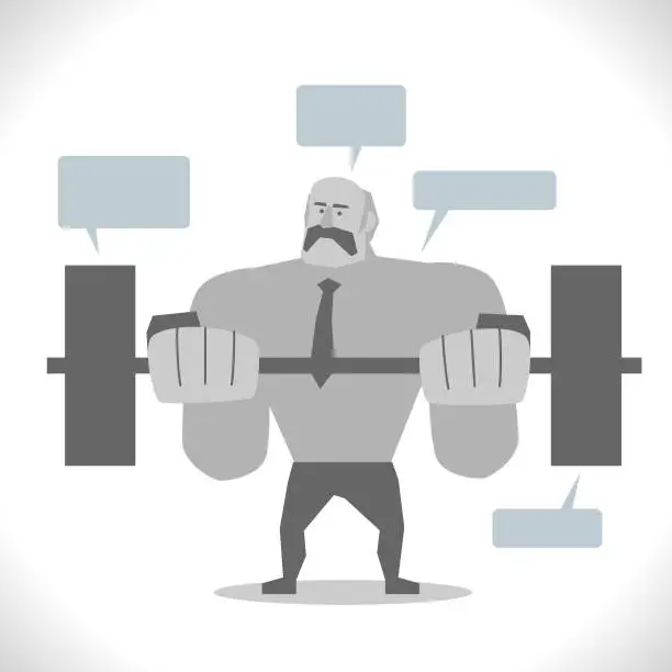 Vector illustration of Gray Characters Weightlifting, active seniors, cool super strong senior adult businessman lifting heavy weight