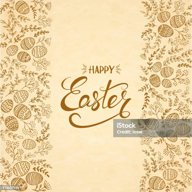 Text Frohe Ostern Mit Eiern Und Floralen Elementen Stock Vektor Art und mehr Bilder von Ostern - Ostern, Bildhintergrund, Osterei