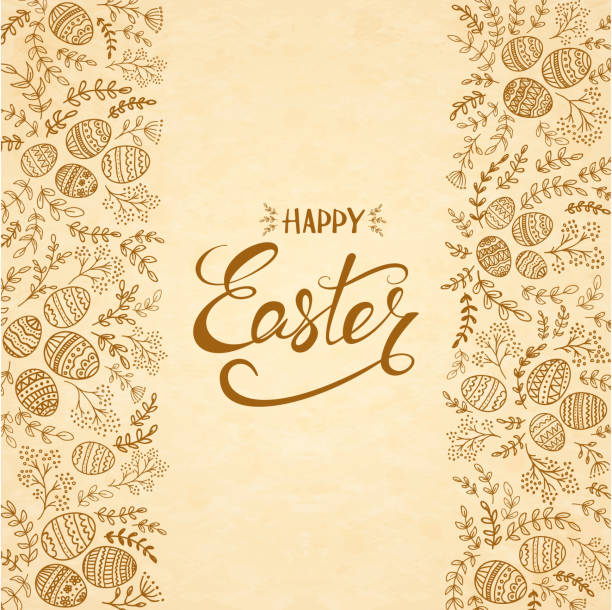 текст счастливая пасха с яйцами и цветочными элементами - easter backgrounds vector greeting card stock illustrations