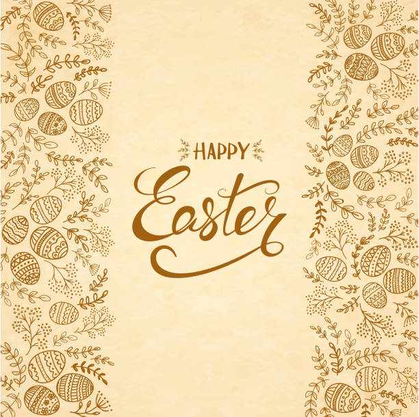 Text Happy Easter with eggs and floral elements Floral elements with decorative eggs and brown lettering Happy Easter on beige background, illustration. easter patterns stock illustrations
