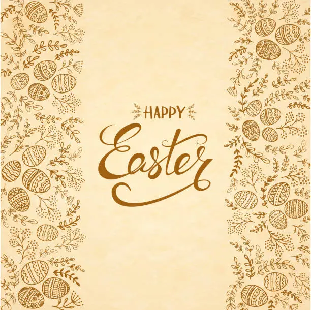 Vector illustration of Text Happy Easter with eggs and floral elements